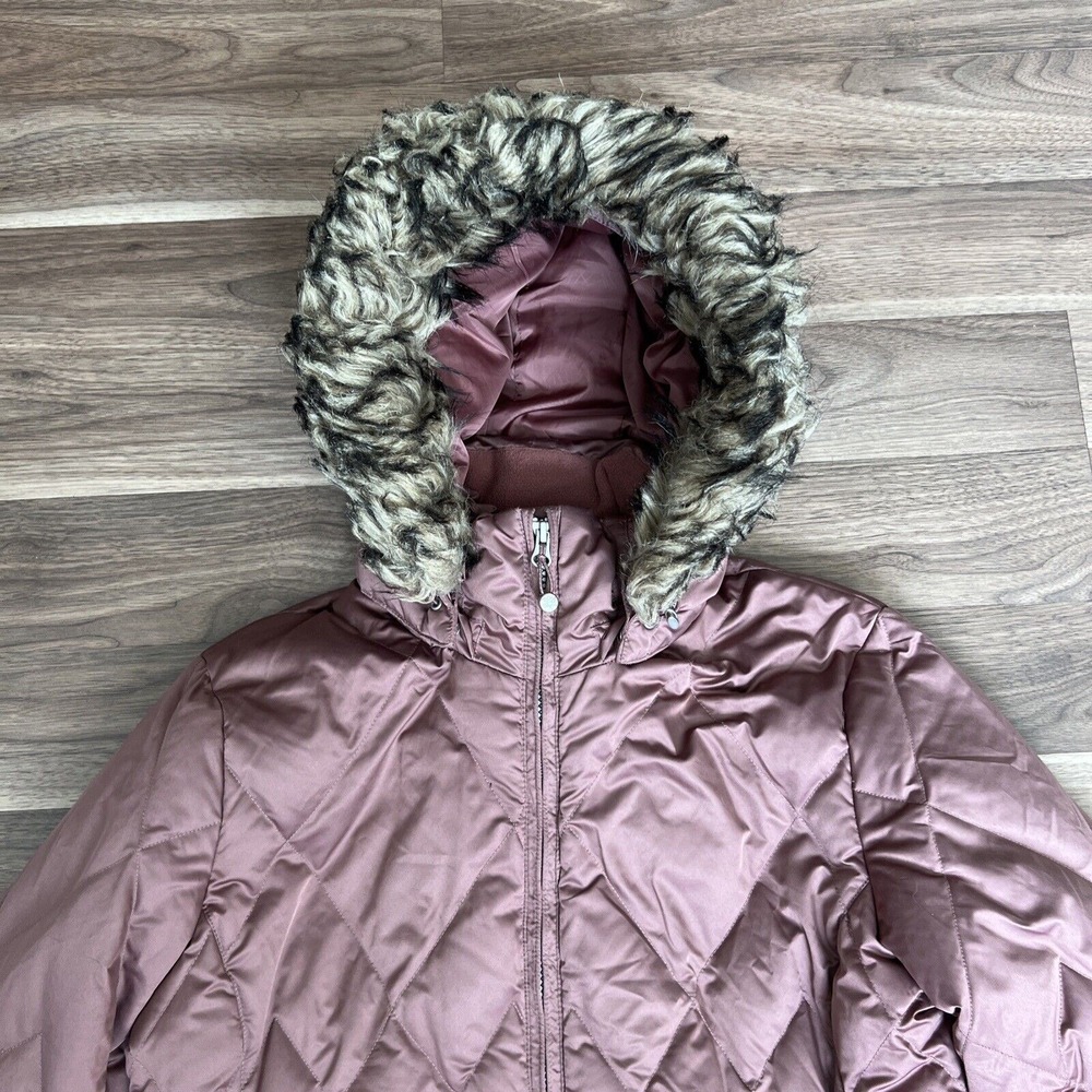 Eddie Bauer Lodge Down Long Coat Womens Size Medium Muave Pink Faux Fur EB550 - Picture 2 of 12